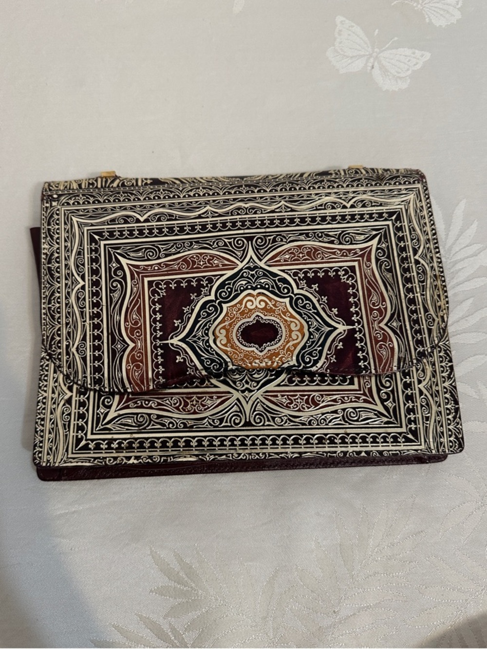 Vintage Handcrafted Maroon & Cream Patterned Women's Foldover Clutch